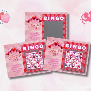Valentine’s Day Love and Hearts BINGO Scratch Off Party Favor Game Card 26 Cards| 24 Non-Bingo/2 Bingo Classroom Sunday School