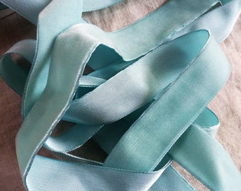 Vintage 1940's French Rayon Velvet Ribbon 1 Inch Aqua Blue