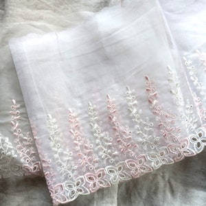 Vintage 1950's 9 Inch French Sheer Embridered Pink and White Lace Trim Edging