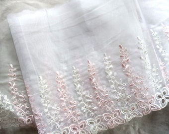 Vintage 1950's 9 Inch French Sheer Embridered Pink and White Lace Trim Edging