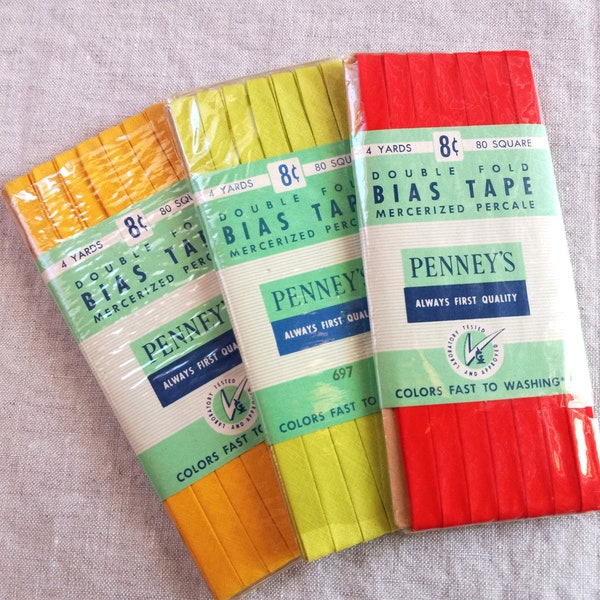 Vintage 1940s JC Penney Bias Tape Collection 3 pkgs. 1/4 Inch double fold Chartreuse Yellow Red