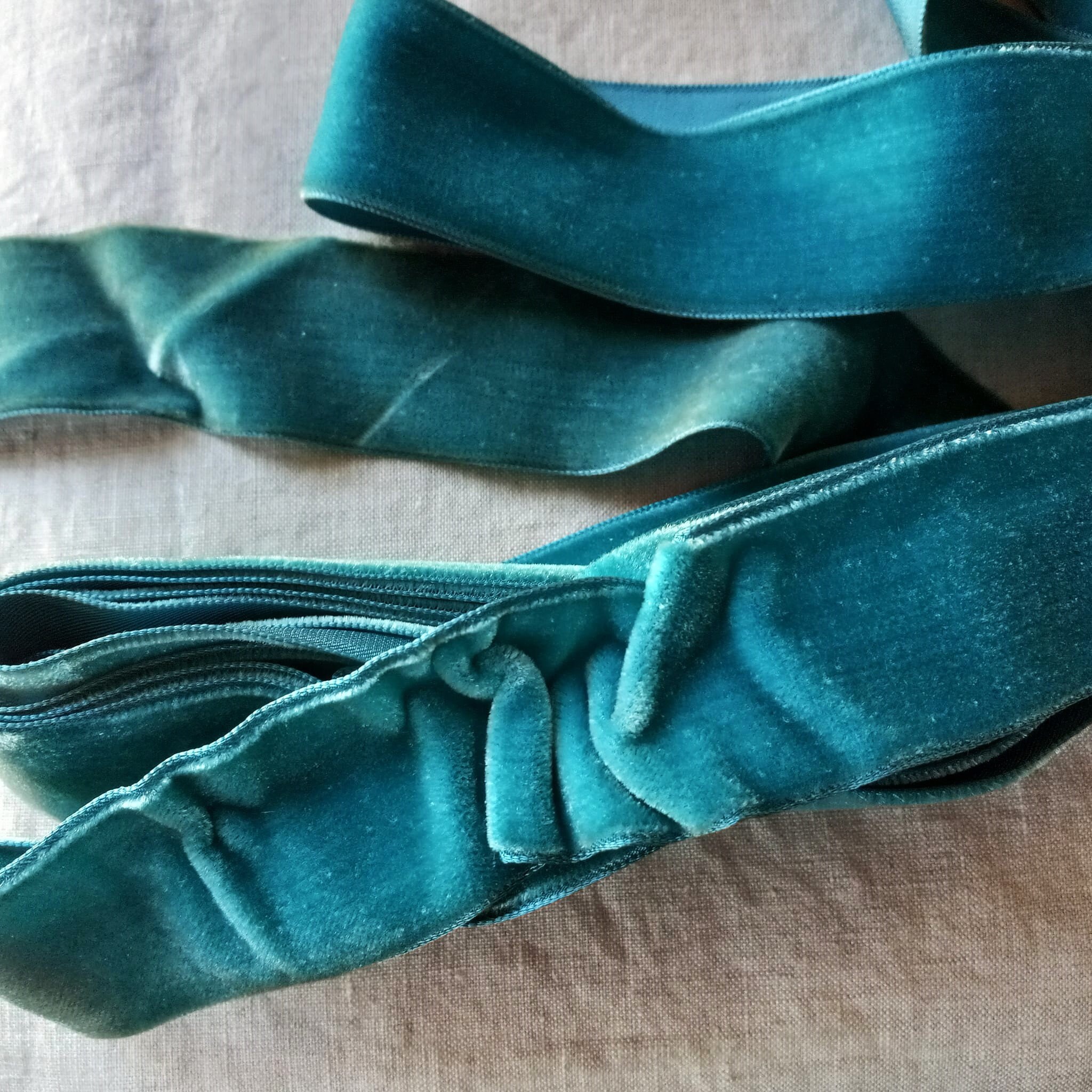 Vintage 1930's French Velvet Ribbon 1 1/2 Inch AGED Teal Blue 