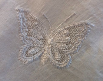 Vintage Alabaster White Cotton French Fabric 42 Inches Wide with GORGEOUS Intricately Embroidered Butterflys