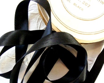 Vintage 1930's-40's French Double Faced Satin Ribbon 15/16 inch Jet Black