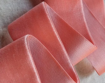 Vintage 1930's AGED Silk Charmeuse Velvet Ribbon 1 3/4 Inch Coral Pink