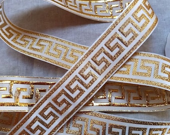 Vintage 1950's French Linen Rayon Embroidered Ribbon 1 3/8 Inch Gold on Cream Greek Key Meander