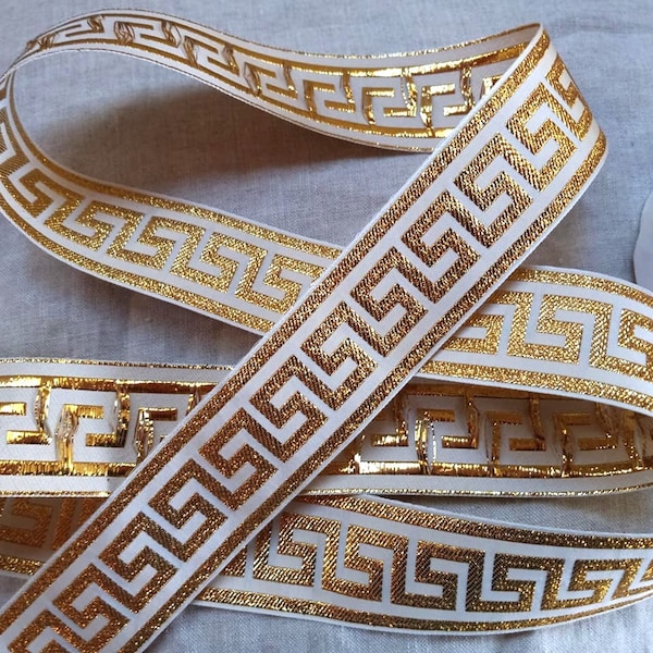 Vintage 1950's French Linen Rayon Embroidered Ribbon 1 3/8 Inch Gold on Cream Greek Key Meander