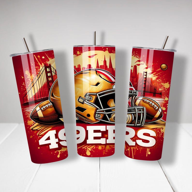 May include: Three red and white stainless steel tumblers with a graphic design of a football helmet, football, and the Golden Gate Bridge. The tumblers have the text "49ERS" printed on them.