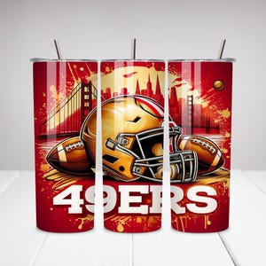 May include: Three red and white stainless steel tumblers with a graphic of a football helmet, football, and the words "49ers" on a red and white background.