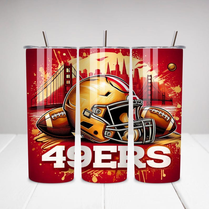 May include: Three red and white stainless steel tumblers with a graphic of a football helmet, football, and the words "49ers" on a red and white background.