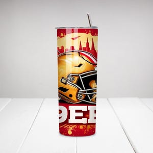 May include: A red and gold stainless steel tumbler with a football helmet graphic and the text "49ers".