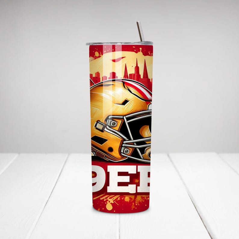 May include: A red and gold stainless steel tumbler with a football helmet graphic and the text "49ers".