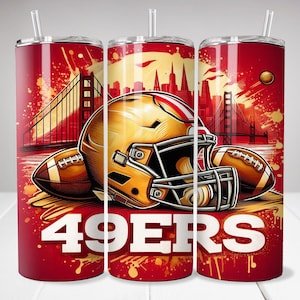May include: A red and white tumbler with a graphic of a football helmet, a football, and the Golden Gate Bridge. The text "49ERS" is printed on the tumbler.