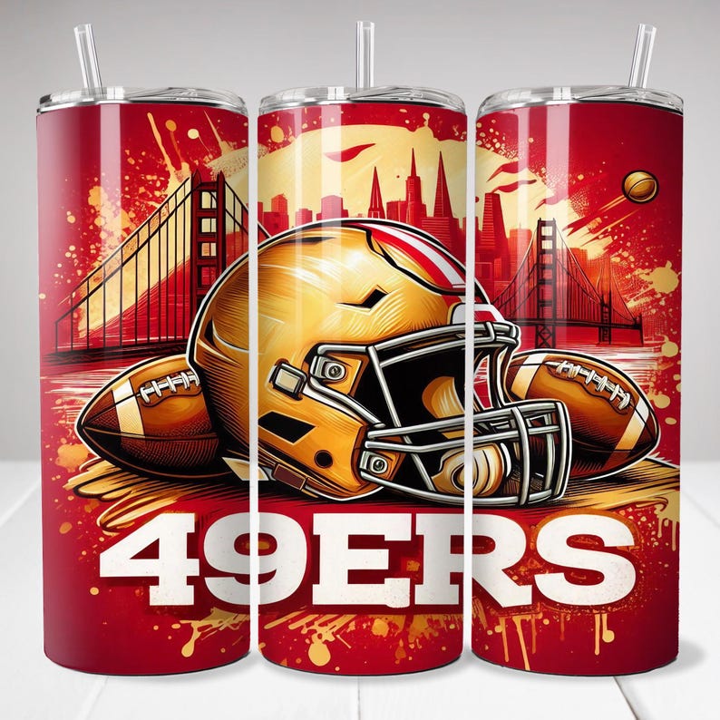 May include: A red and white tumbler with a graphic of a football helmet, a football, and the Golden Gate Bridge. The text "49ERS" is printed on the tumbler.