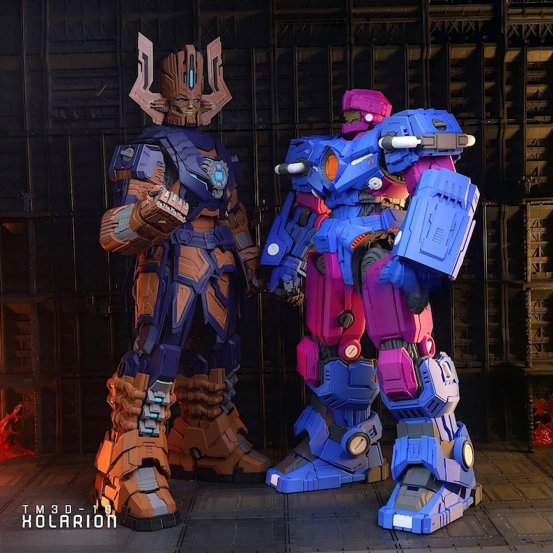 May include: Two detailed action figures stand side-by-side. The figure on the left is primarily navy blue and orange, with a headpiece and intricate armour. The figure on the right is blue and magenta, with a helmet and large shoulder pads. The figures are in a dark, industrial setting.