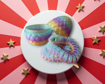 Uovo di drago stampato in 3D con serpente articolato: giocattolo antistress color pastello, uovo di Pasqua, compleanno