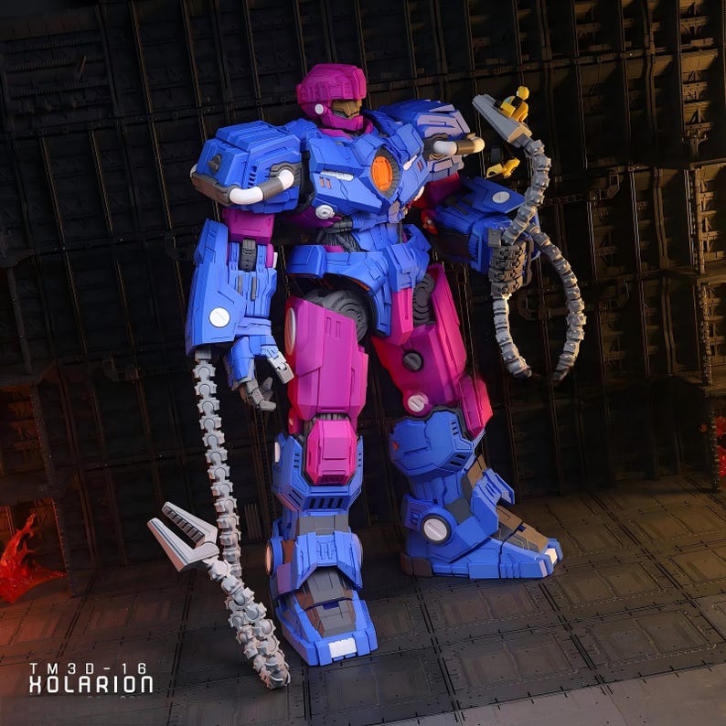 May include: A detailed robot action figure in blue and magenta, with articulated joints and a complex design. It holds a chain-like weapon and a curved weapon. The text "TM30-16 KOLARION" is visible at the bottom of the image.