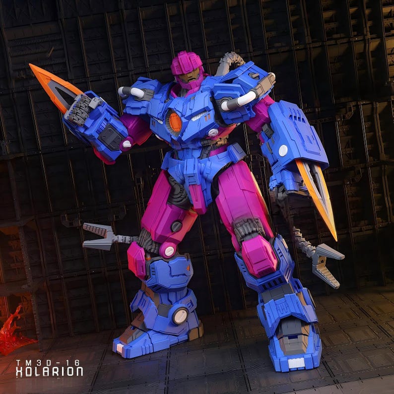 May include: A blue and magenta action figure with orange blade-like weapons. The figure has a detailed design with multiple joints and a metallic appearance. The text "TM30-16 KOLARION" is visible at the bottom.