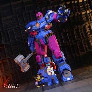 May include: A large, blue and purple robot toy with a hammer, standing over smaller robot figures. The robot has a pink head and accents, with the text "TM30-16 KOLBRION" at the bottom.