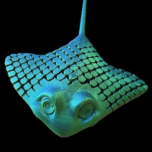 May include: A teal blue 3D printed stingray sculpture with a textured surface and two large eyes.