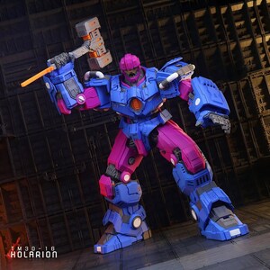 May include: A blue and magenta robot action figure wielding a grey and orange hammer. The robot features a magenta head and legs, with blue armour on its torso, arms, and feet. The text "TM3D-16 KOLARION" is printed at the bottom.