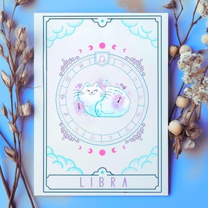 Jolie carte d'anniversaire kawaii, horoscope chat balance - signe du zodiaque de septembre / octobre
