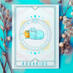 Jolie carte d'anniversaire horoscope chat Verseau Kawaii - signe du zodiaque de janvier/février