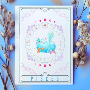 Niedliche Kawaii Pisces Katze Horoskop Geburtstagskarte - Sternzeichen für Februar / März
