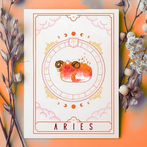 Niedliche Kawaii Widder Katze Horoskop Geburtstagskarte - Sternzeichen für März / April