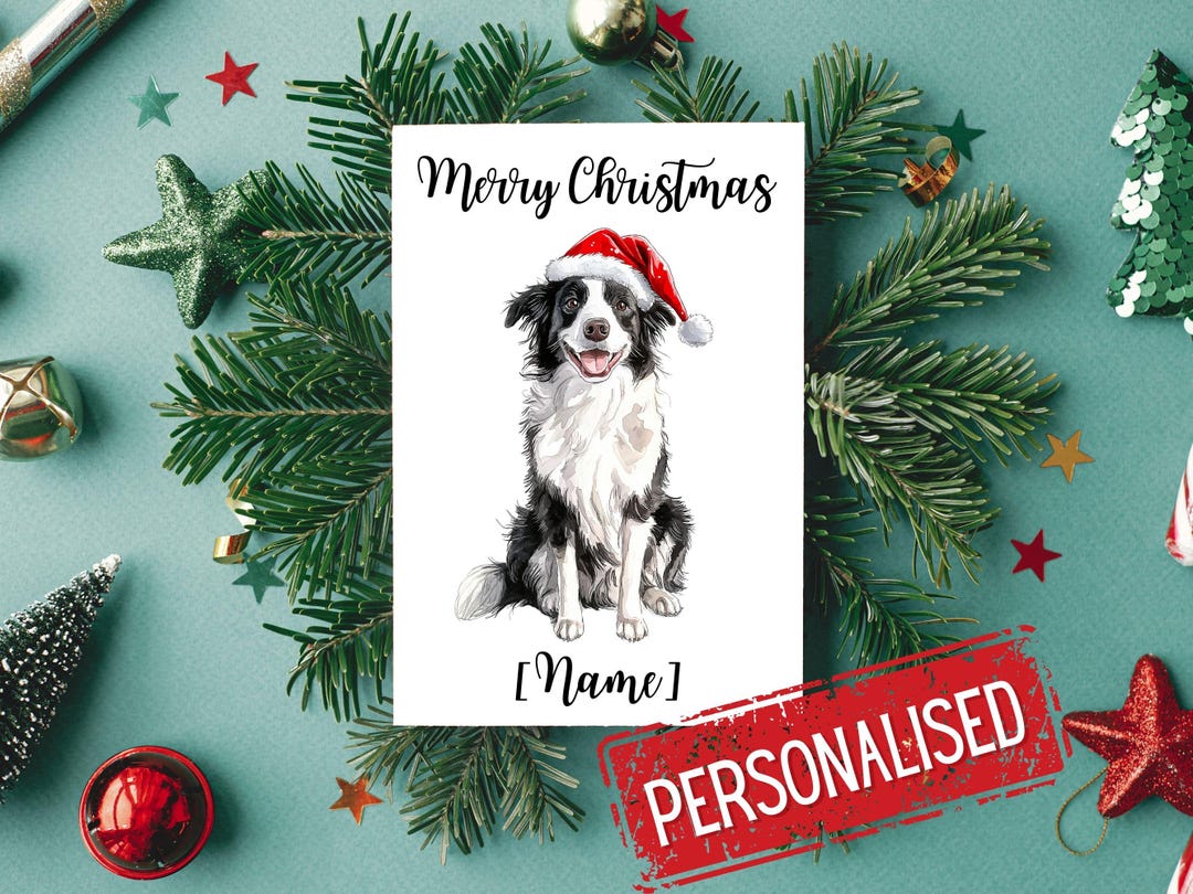 Personalized Border Collie Wearing Santa Hat Christmas Greeting Card 5 ...
