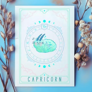 Schattige kawaii verjaardagskaart kattenhoroscoop kattenhoroscoop - sterrenbeeld voor december/januari