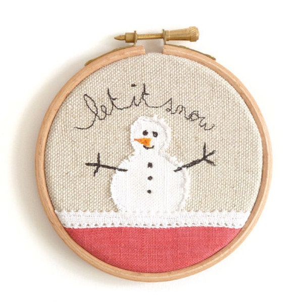 LAST ONE! Embroidered Christmas Decoration - 'Let it snow' Christmas hoop in white & red - 4" hoop