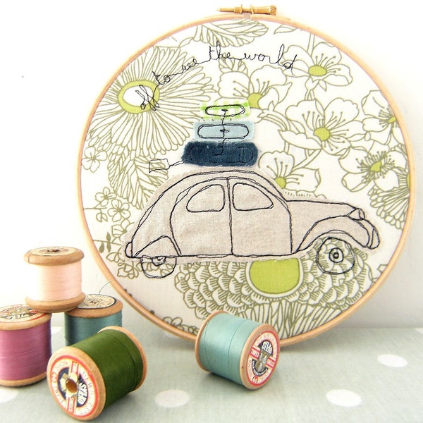 LAST ONE! Off to see the world - Personalised Embroidery Hoop Art - Textile Picture of a 2CV Car in green & blue - 8" hoop