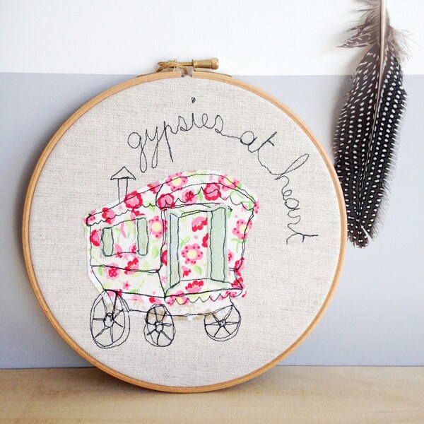 LAST ONE! Gypsies at Heart - Embroidery Hoop Art - Whimsical Textile Picture - 8" hoop