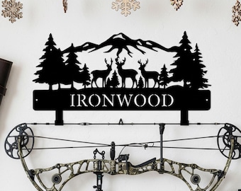 Custom Deer & Mountain Archery Bow Hanger, Hunting-Themed Metal Wall Decor, Functional Bow Storage, Gift for Hunter/Archery Enthusiast