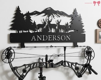 Custom Deer & Mountain Archery Bow Hanger, Hunting-Themed Metal Wall Decor, Functional Bow Storage, Gift for Hunter/Archery Enthusiast