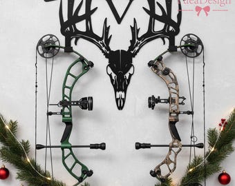 Custom Deer Skull Archery Bow Hanger, Hunting-Themed Monogram Metal Wall Decor, Functional Bow Storage, Gift for Hunter/Archery Enthusiast