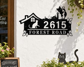 Personalized Cat Number Metal Address Sign, House Number Sign,Custom Cat Lover Street Plaque, Cute Kitten Wall Decor, Pet Shop House Sign