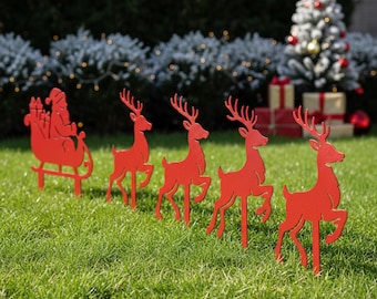 Juego de 5 letreros metálicos de Papá Noel y reno, estaca festiva para jardín, decoración navideña, arte navideño de Papá Noel y reno.