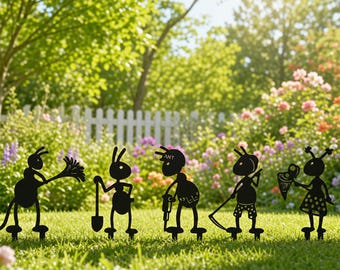 Set of 5 Gardener Ant Metal Garden Stakes, Whimsical Working Ant Silhouette Yard Sign, Cottagecore Outdoor Decor, Backyard Garden Metal Art
