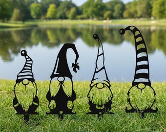 Set of 4 Gnome Metal Stake Sign, Whimsical Yard/Garden Stake, Gnome-Themed Style Decor, Gnome Silhouette Art