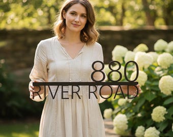 Letrero de dirección personalizado (justificado a la derecha), letrero de número de casa de metal con decoración moderna, número de casa de estilo retro, letrero de dirección con nombre de calle