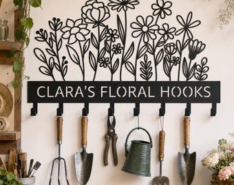 Custom Floral Metal Wall Hooks, Personalized Name Wildflower Coat Rack, Custom Entryway Key Hook, Floral Wall Art Hanger, Gardener Gift