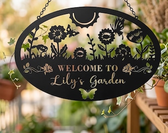Personalized Metal Hanging Garden Decor with Butterflies, Custom Name Metal Art , Metal Garden Sign, Floral Yard Art, Mother's Day Gift