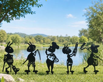 Set of 5 Farmer Ant Metal Garden Stakes, Whimsical Working Ant Silhouette Yard Sign, Cottagecore Outdoor Decor, Backyard Garden Metal Art