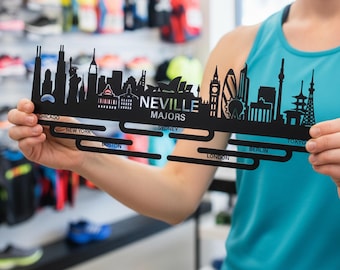 Personalized World Marathon Majors Medal Hanger Metal Sign, Marathon City Skyline Medal Display Sign, Marathon Honor Display Art,RunnerDecor