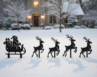 Set of 5 Santa ＆ Reindeer Metal Stake Sign, Festive Yard/Garden Stake, Christmas-Themed Style Decor, Christmas Santa & Reindeer Art
