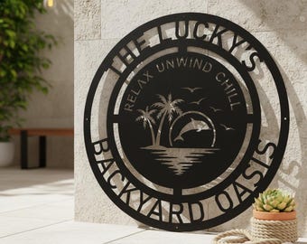 Personalized Poolside Metal Sign, Custom Outdoor Backyard Wall Art, Custom Tropical Pool Metal Wall Decor