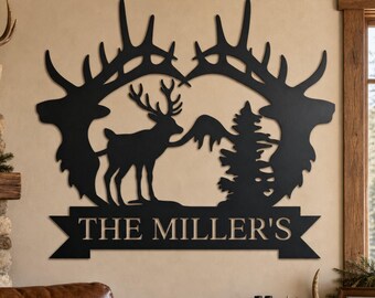 Personalized Elk Antler Metal Sign,  Custom Last Name Metal Wall Art, Rustic Cabin Wildlife Metal Decor, Hunting Lodge Wall Sign