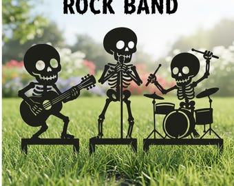 Custom Rock Skeleton Band Metal Sign, Spooky Yard/Garden Stake, Halloween-Themed Style Decor, Halloween Party Gift, Selectable Skeleton Art